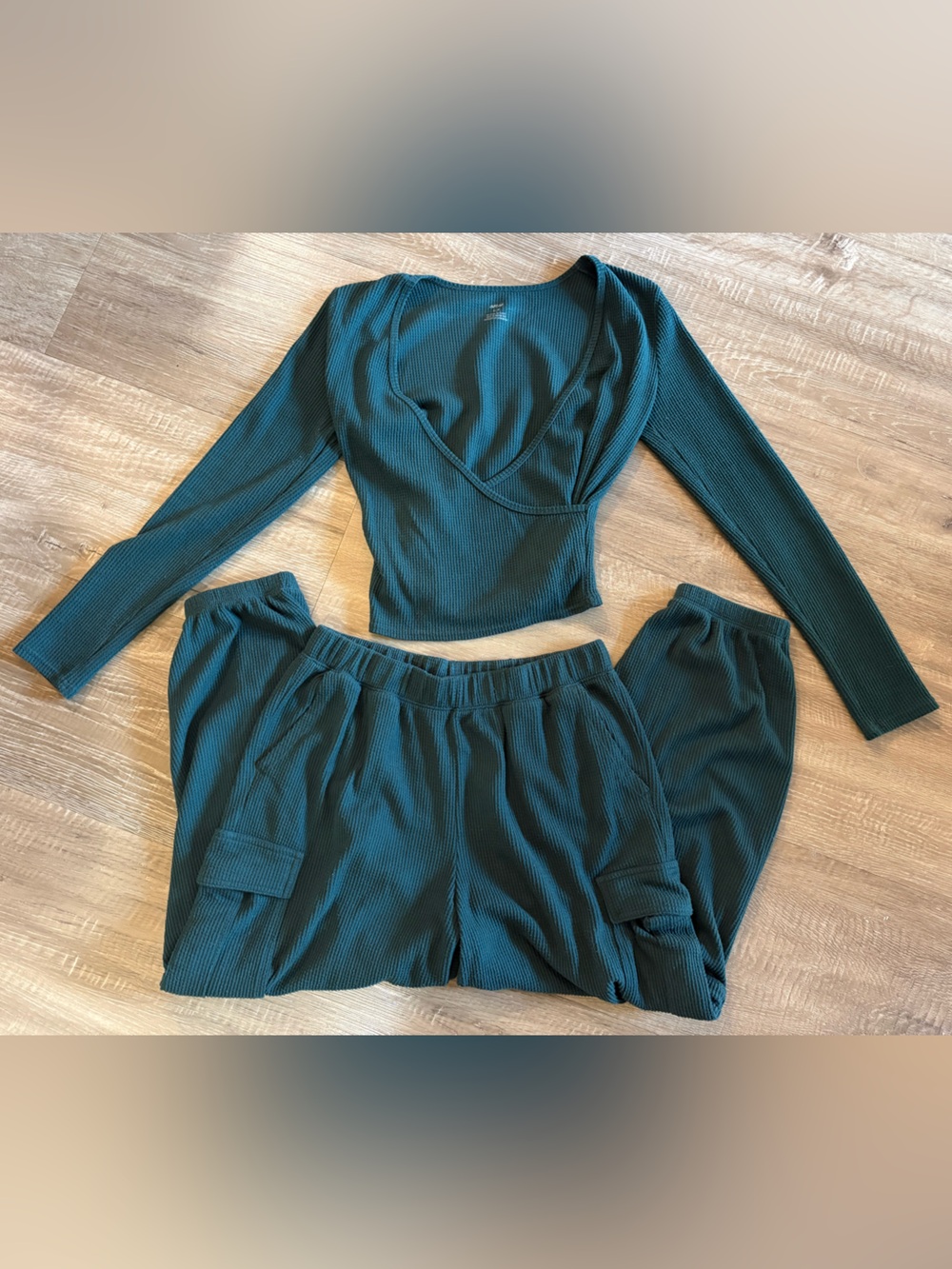 aerie Dark Teal Ribbed Track Pants & Crop Top Set